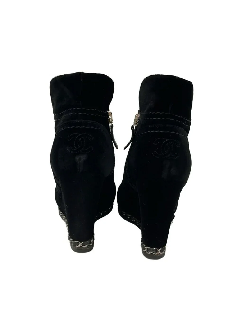 Chanel Short Boots Black Chain Wedge Sole Lambskin